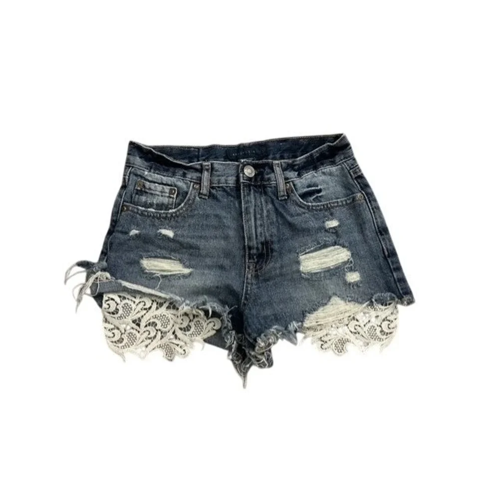 Aeropostale Denim Shorts Womens 0 Blue Excellent‎ Distressed Lace Trim Boho